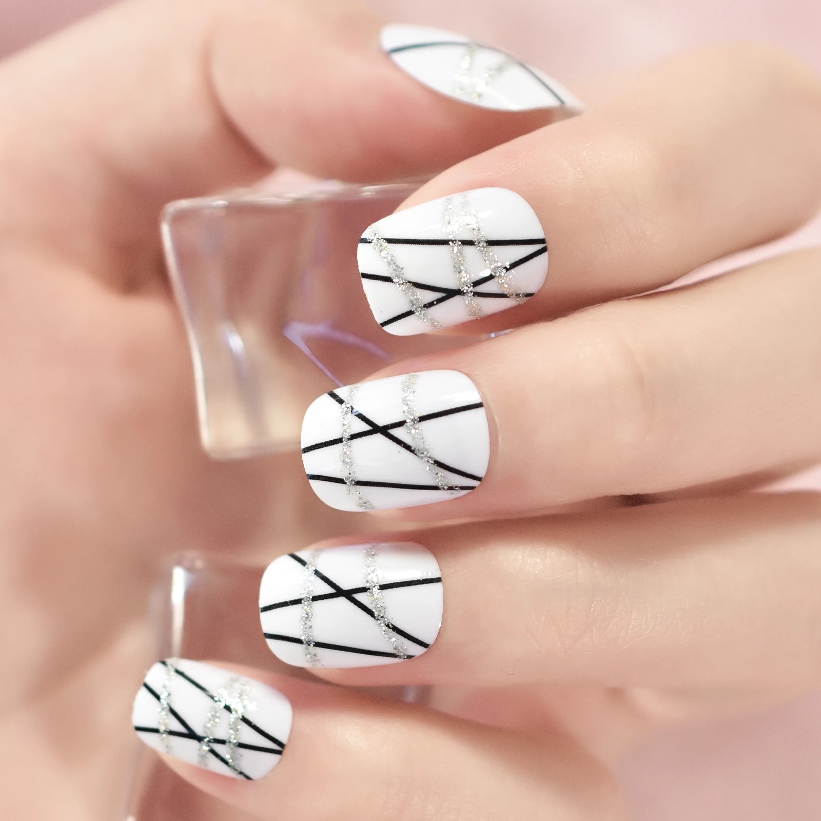 Imprensa curta redonda em unhas pré-design branco unhas falsas glitter salão de beleza manicure reutilizável dicas de unhas falsas para diy arte do prego