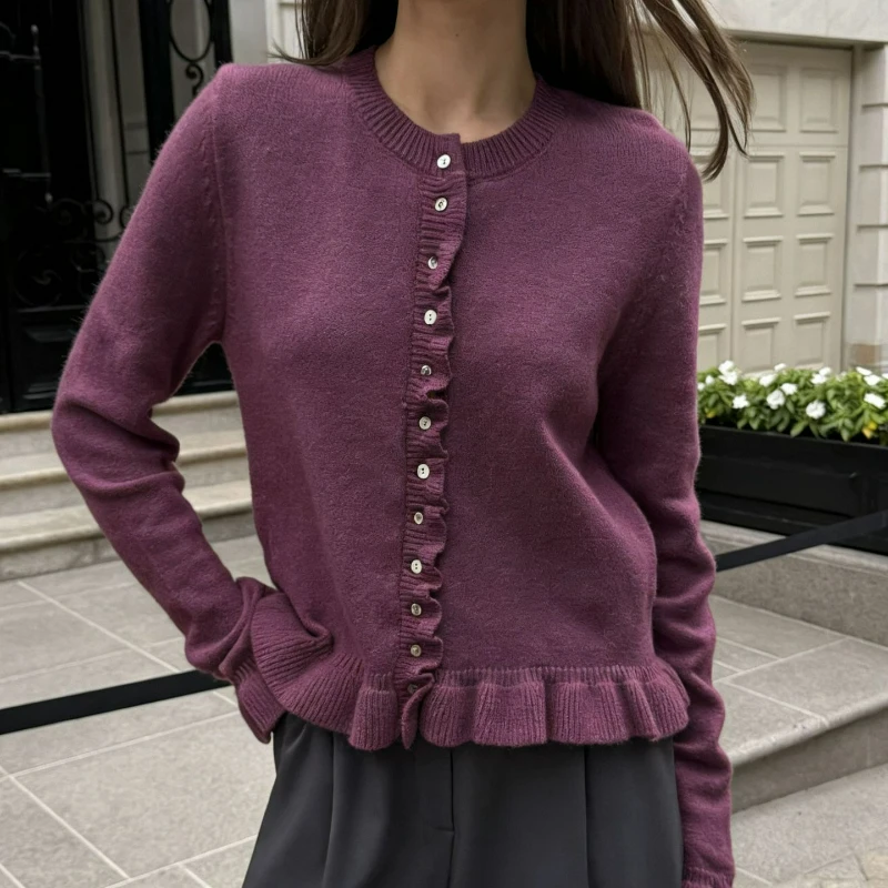 

Новый модный вязаный кардиган с длинными рукавами и оборками, однотонный, на пуговицах, повседневный, универсальный, свободный свитер, коллекция Осень-Зима 2026