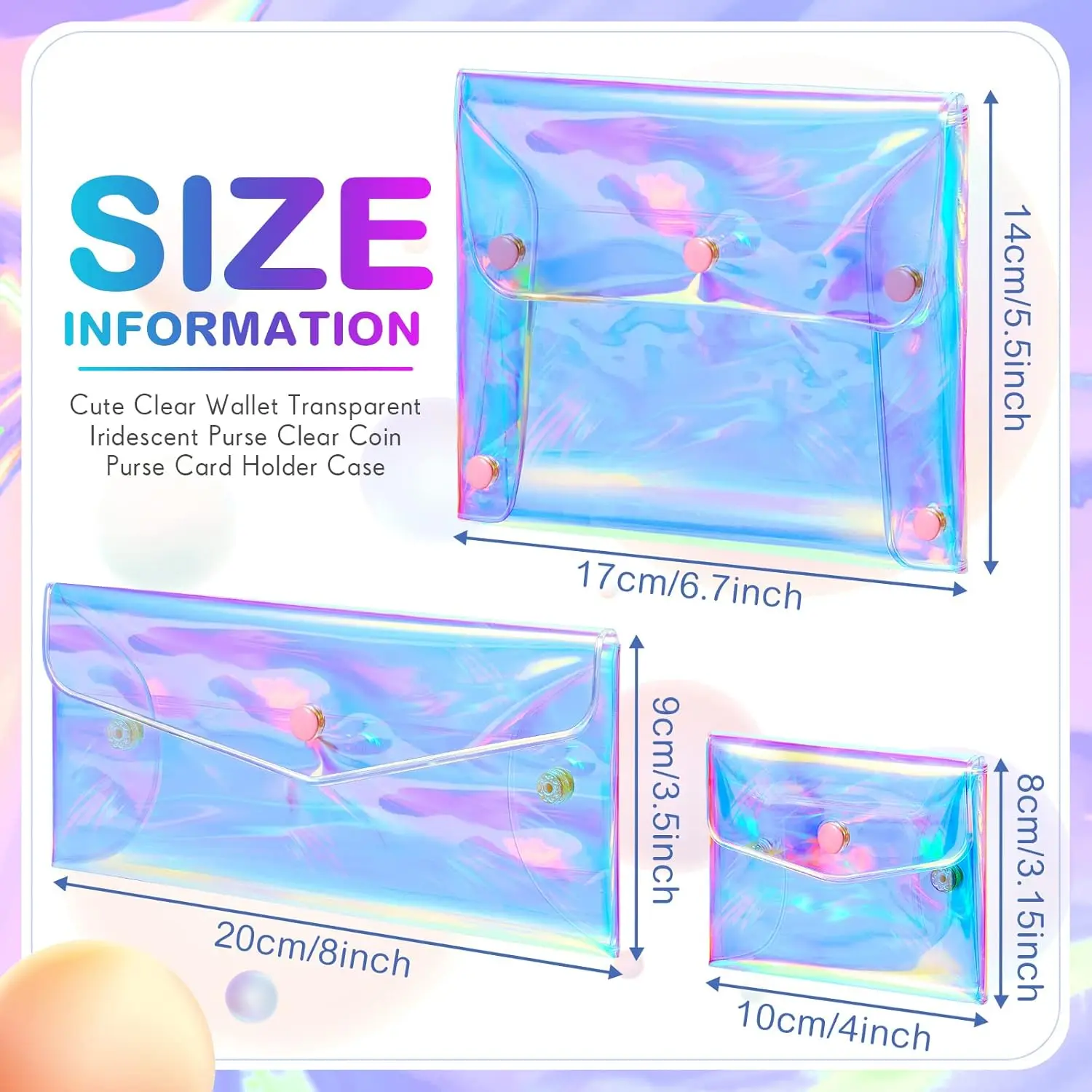 3 Pcs Holographic Makeup Bag Iridescent Pencil Pouch Clear Transparent Small Iridescent Cosmetic Bag Make up Envelop Organizer