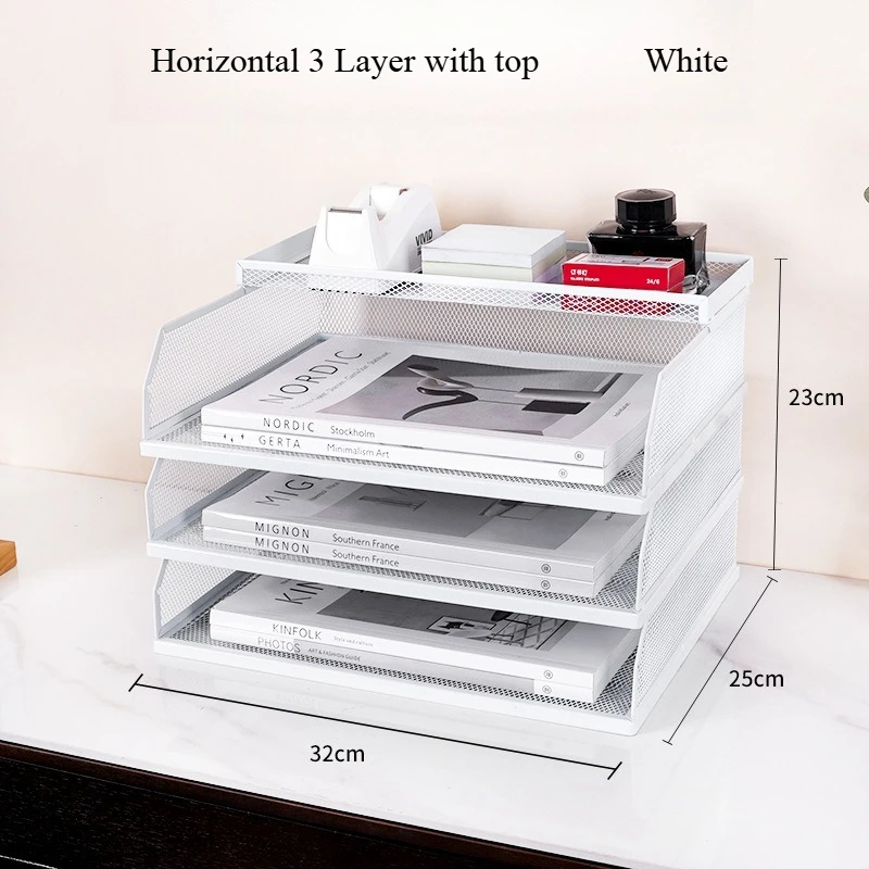 3 And 4 Tier Metal Stackable Letter Paper Tray with Pen Holder Office Storage Desk Magazine File Organizer Desktop File Holder