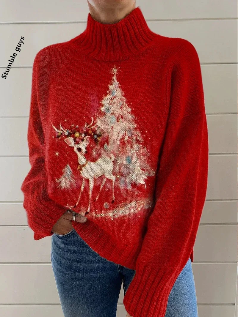

Women's Christmas Sweater Autumn Winter Fashion Casual European American Style Warm Soft Santa Hoodie Deer Knit Top