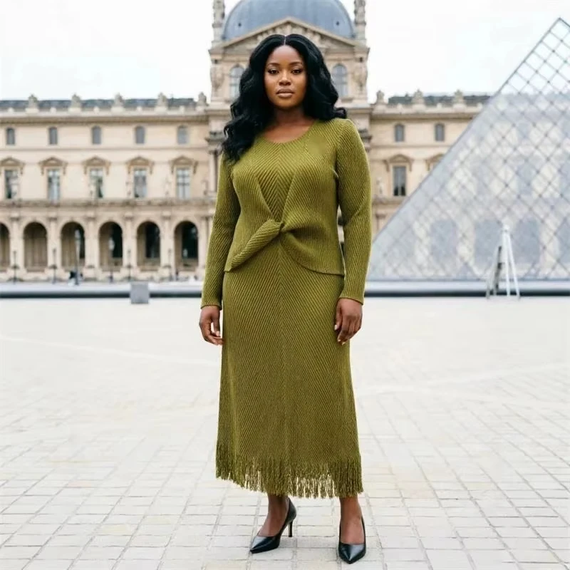 ANLAN Twisted Knit Design Women's Pleated Dress Round Collar Long Sleeve Fringe Hem Casual Fashion Cltohing 2026 Hot Sales