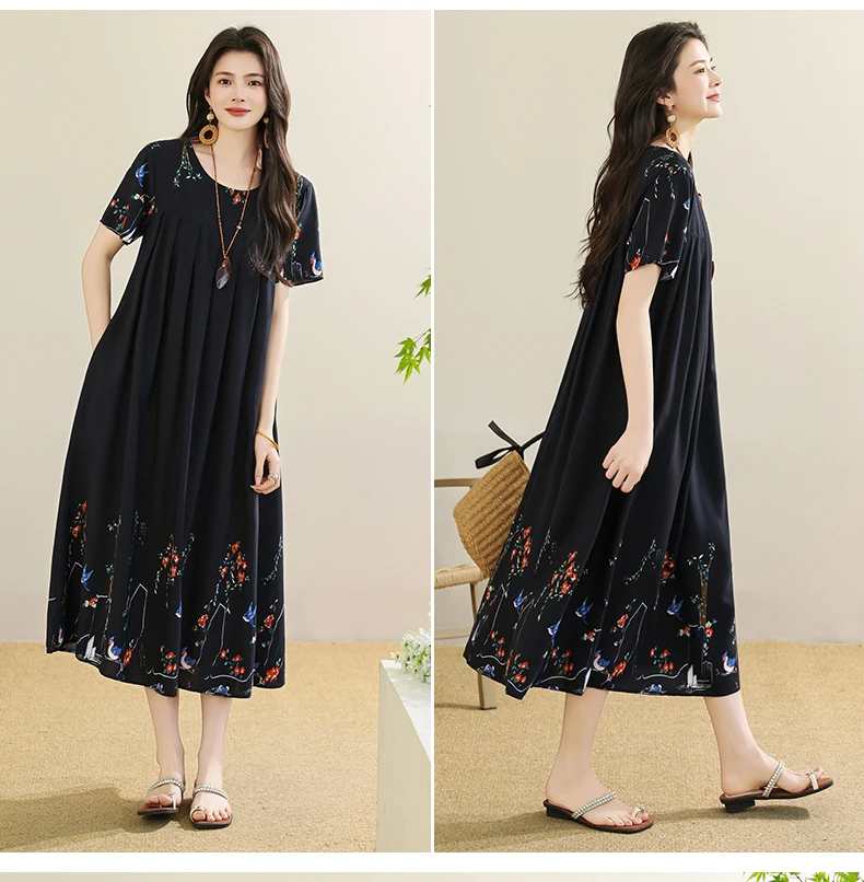 New 2025 Summer Dress For Women Plus Size Dress Casual Short Sleeve Boho Vintage Print Long Maxi Dress Beach Women Clothing