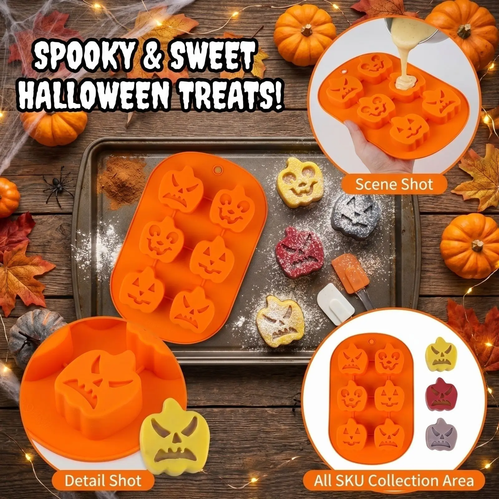 3D Halloween Silicone Mold with Pumpkin Ghost Skull Bat Design, Party DIY Cake Mold, Home DIY Soap and Candle Making Molds