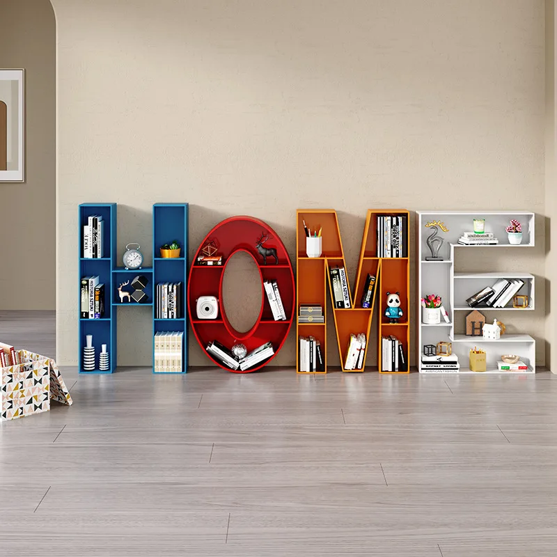Factory Direct 2026 Letter Bookshelf Creative Art English Digital Wall Shelf Office Floor-to-ceiling Bookcase Display Shelf
