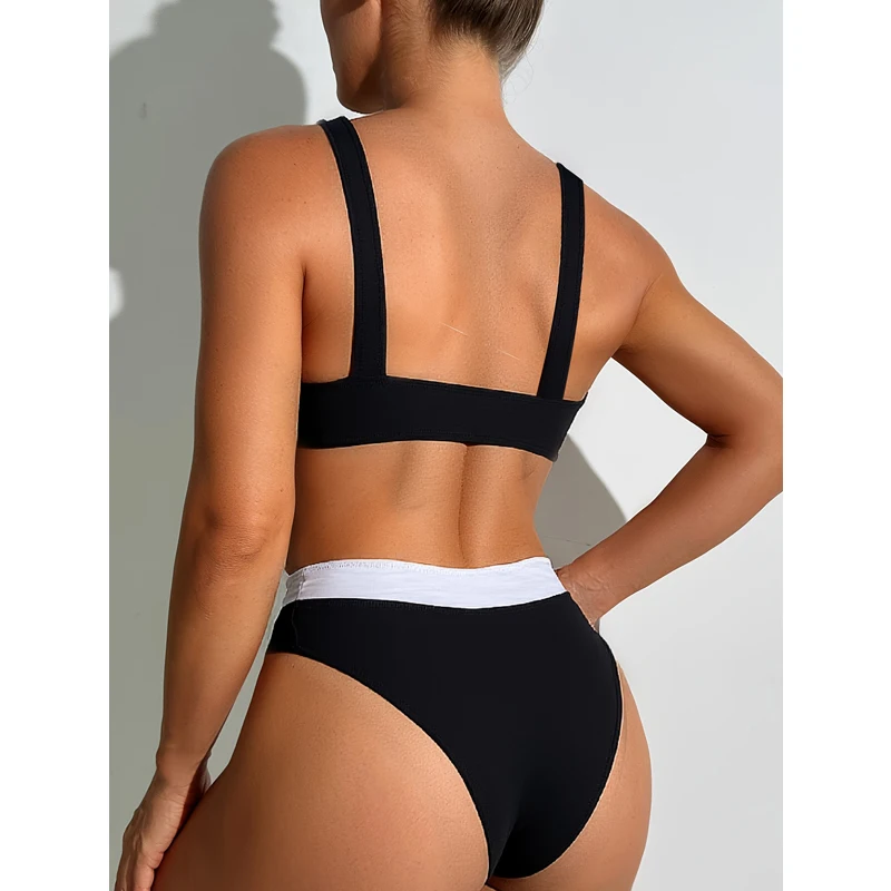 FASKOB 黒と白の V ネックスプリットビキニ水着女性ワンピース水着 2025 ビキニスーツ夏のビーチ水着