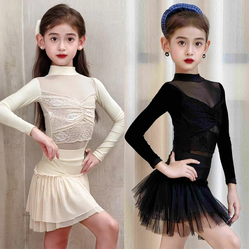 Fashion Latin Dance Competition Dress Children Salsa Latin Dance Performance Costume Girls Long Sleeves Latin Dance Dress 13813