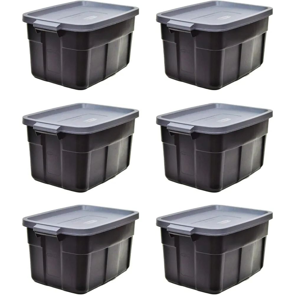 Rubbermaid Roughneck Tote 14 Gal - 6 Pack, Made in the USA, Black & Grey, Rugged Plastic Stackable Storage Tote with Lid and