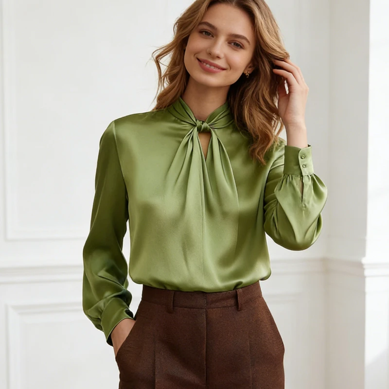 

Весенняя женская блузка с длинным рукавом, свободного кроя, с узлом, ажурная, 2026, элегантная офисная рубашка, осенняя повседневная простая однотонная модная блузка