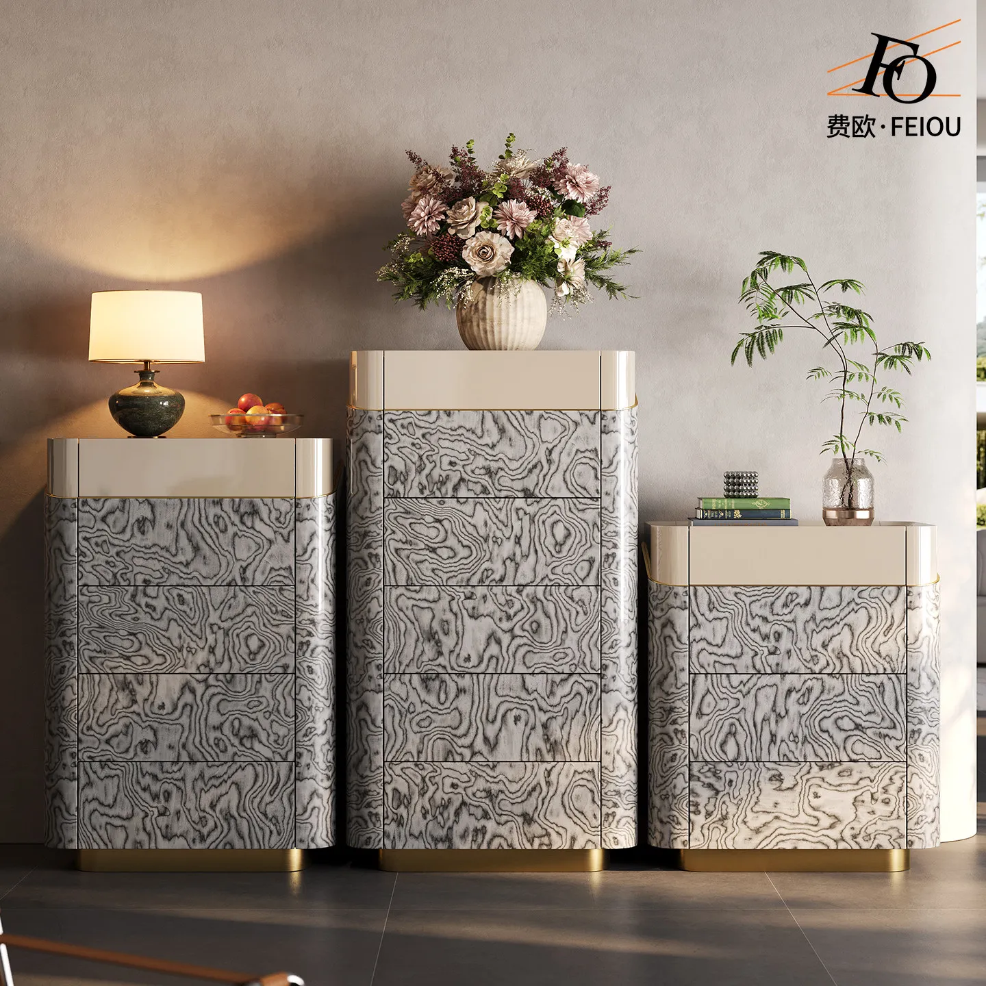 LMM Italian modern bedroom lacquered marble storage drawers three or four bucket cabinets