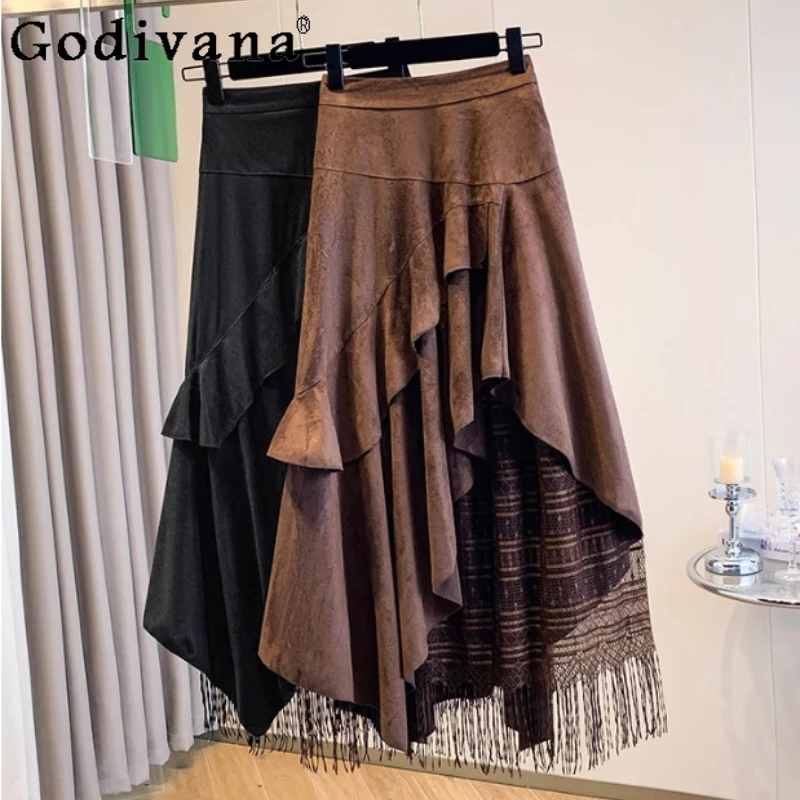 تنانير نسائية كبيرة الحجم للخريف جديدة غير منتظمة بشراشيب تنانير كبيرة متأرجحة لتقليل العمر على شكل حرف a تنانير شارع متعددة الاستخدامات #1