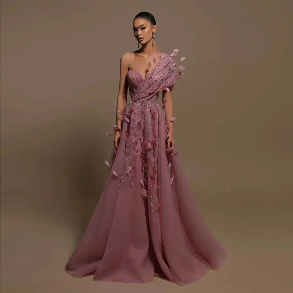 2023  Mauve Prom Gown Formal Party Dresses with Feathers Beading One Shoulder Elegant Dress Women for Wedding Party Gowns