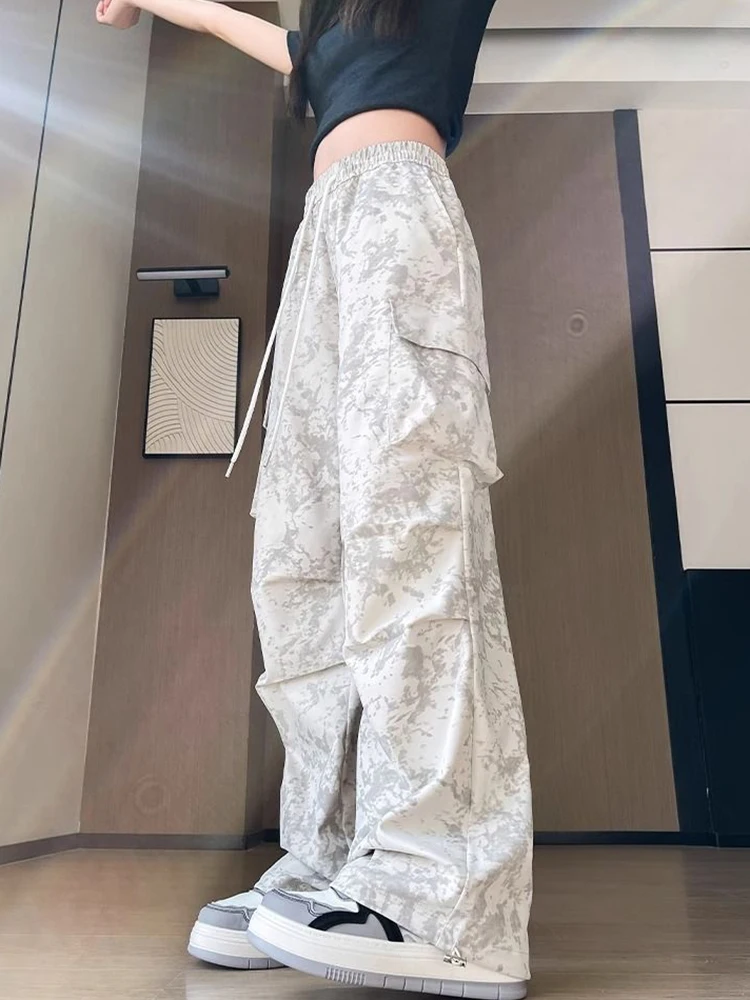 Zoki Tie Dye Streetwear Cargo Pant Women Vintage Loose High Waist Y2K Trousers Harajuku American Casual Summer Bf Wide Leg Pants