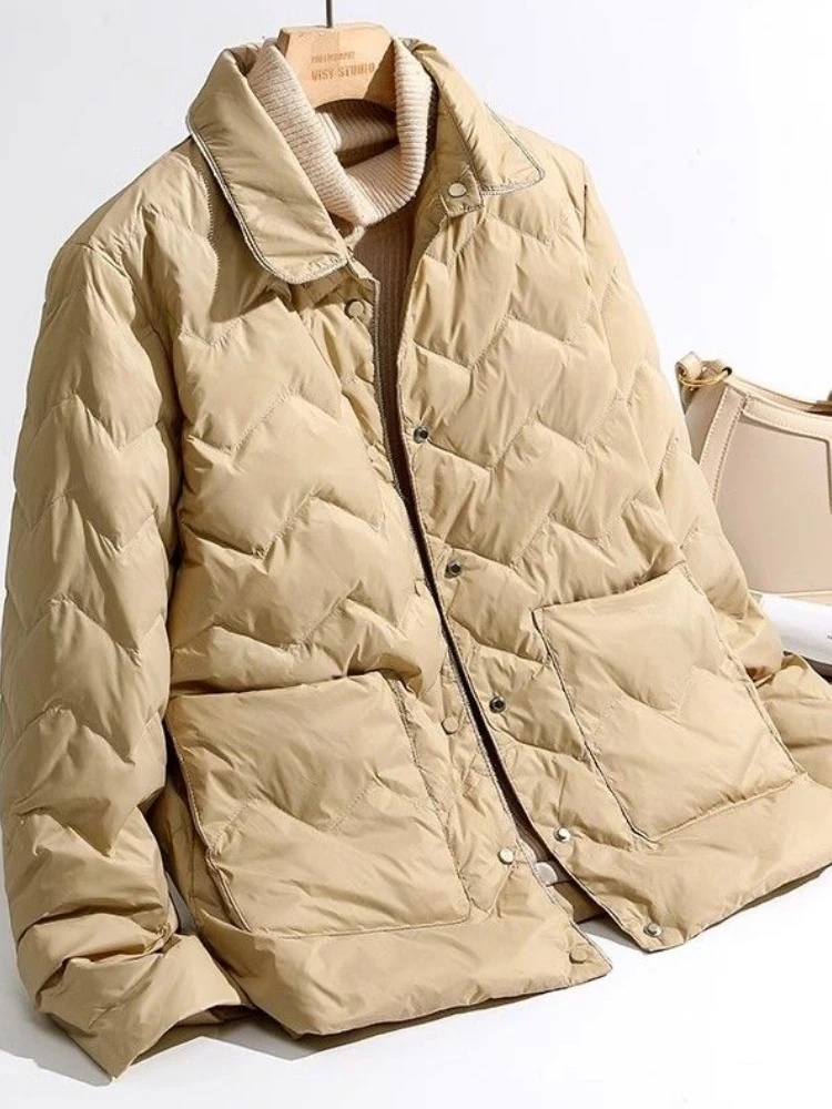 Abrigo de plumón de pato con cuello a medida para mujer, Chaqueta corta y cálida, Parka Vintage ajustada, invierno, 2024