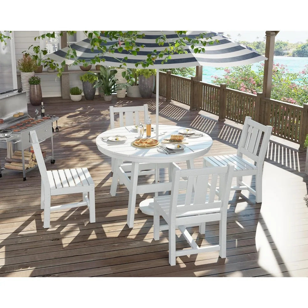 

5 Piece HDPE Outdoor Dining Tables and Chairs, All-Weather Patio Outdoor Furniture with Umbrella Hole, Round Table for Garden,