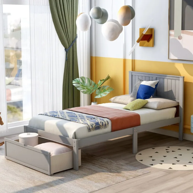 

Wood Twin Size Platform Bed Frame with Headboard & Big Storage Drawer for Kids Teens Adults