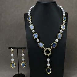 G-G Freshwater Cultured Gray Pearl Blue Kyanite Pendant Necklace Earrings Sets Simple Women Gifts