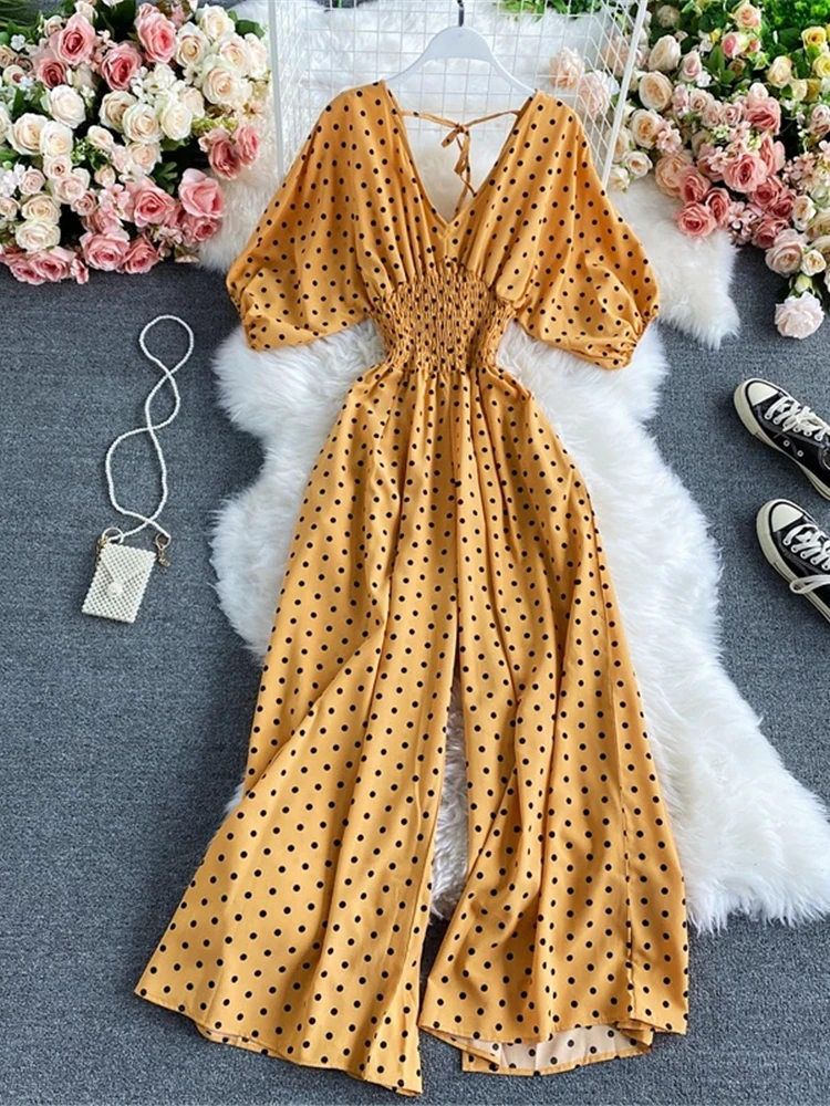 

Summer Casual Women Polka Dot Romper Yellow/Brown Sexy V-Neck Puff Short Sleeve High Waist Wide Leg Jumpsuits Female New Fashion