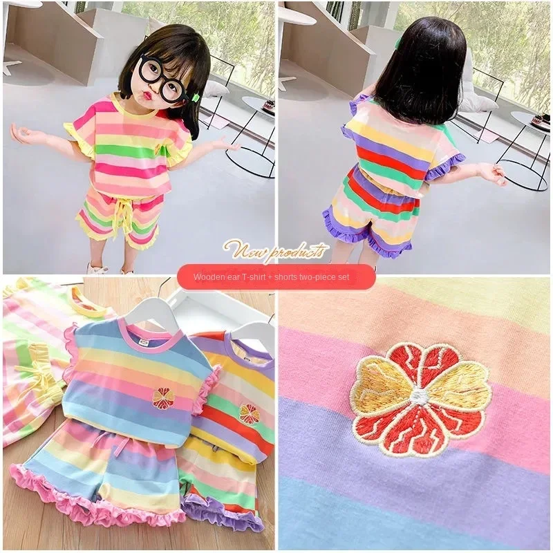 Baby Girls Summer Casual Rainbow Stripe T-shirts+Pants 2pcs Suits 1-6 Years Olds Girls Trend Sports Outifs Sets Kids Clothes