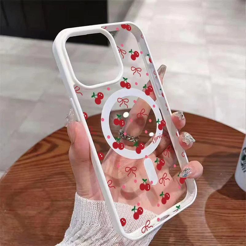 Coque de téléphone magnétique transparente rigide à motif cerise rouge pour iPhone 17 16 15 14 13 12 Pro Max Mini X XS XR 14 Plus 16E 17Air