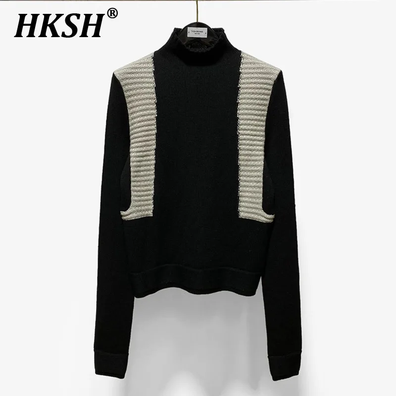 

HKSH Women's Tide Autumn Winter New Style Color Contrast Knitted Wool Blended Pullover Slim Turtleneck Youth Sweater Trend H2515