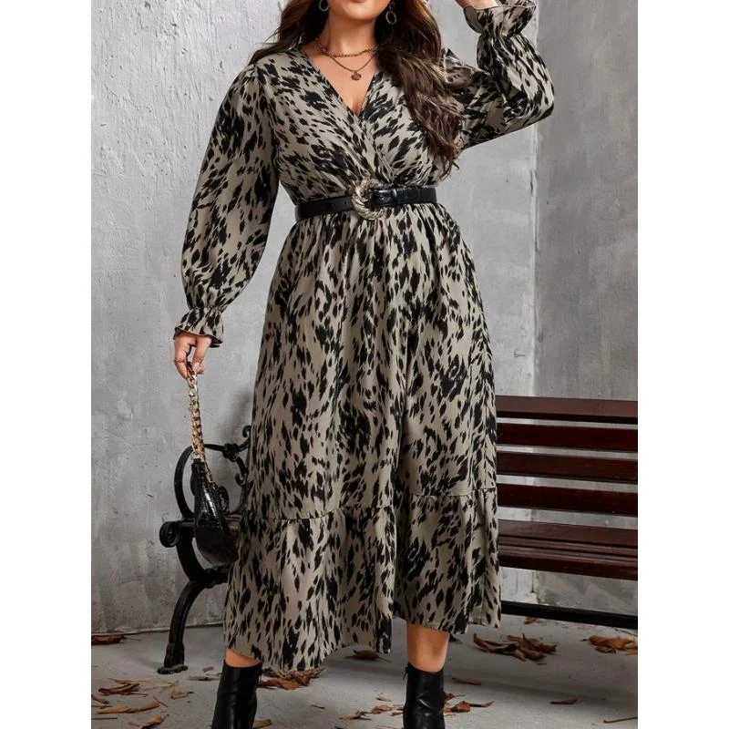 Plus Size Casual Dress Women's Plus Leopard Print Fashion Lantern Sleeve Surplice Neck Midi Smock Dress