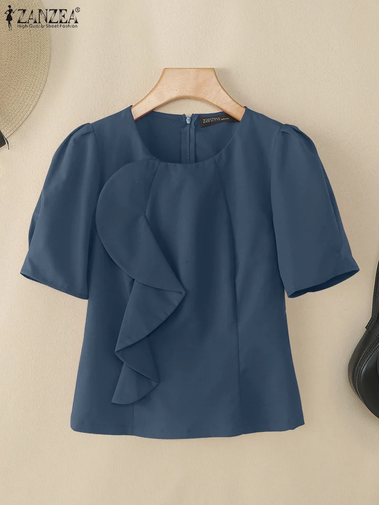 ZANZEA-Blusas elegantes con volantes para fiesta para Mujer, Blusas de verano 2025 con cuello redondo y manga corta abombada, ropa de oficina, Tops sólidos