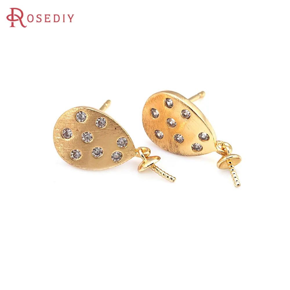 4PCS 18K Gold Color Brass and Zircon Can Fit Half Hole Beads Drop Stud Earrings Pins Earrings High Quality Diy Jewelry Making - view 5