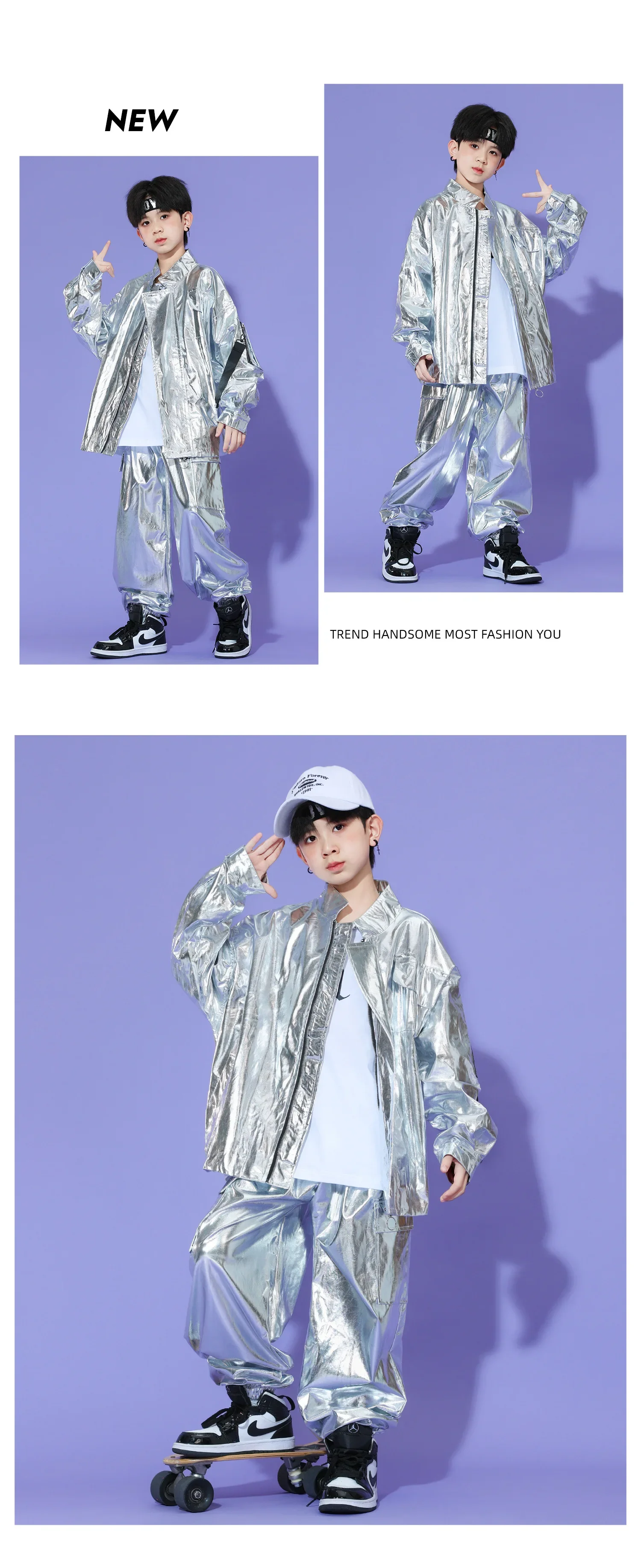Neues Kinder-Hip-Hop-Set aus glitzerndem silbernem Leder, Bühnenkostüm für Mädchen, Street-Dance-Kopf-Performance-Kostümset für Jungen – Detail 9