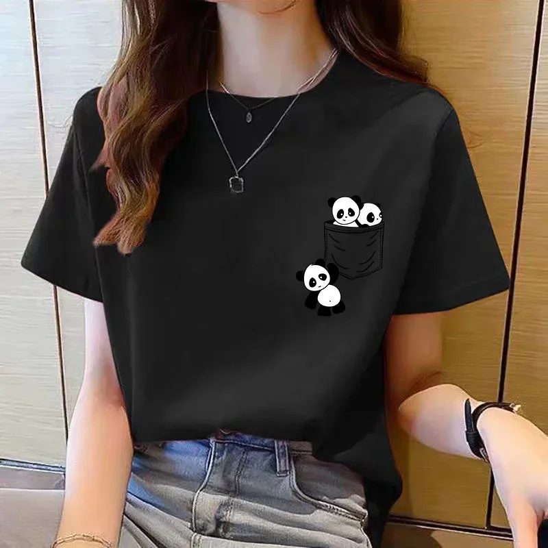 Camiseta estampada dos desenhos animados das mulheres, top de manga curta, bolso, panda, solta, gola redonda, moda coreana,