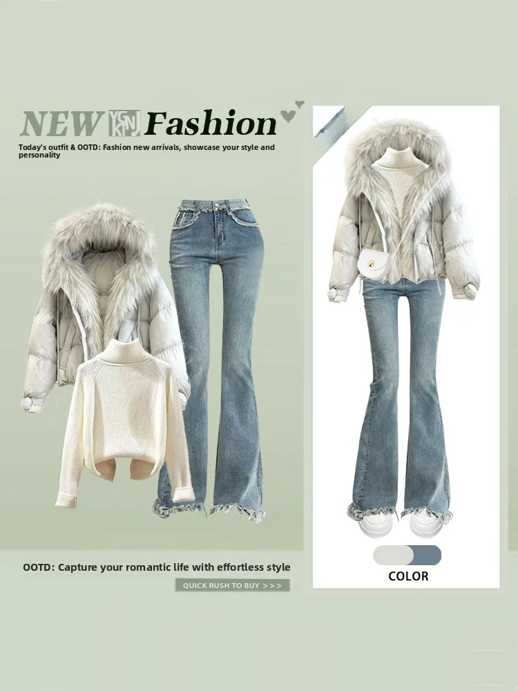 

Зимний модный женский хлопковый костюм: пальто с меховым воротником и брюки с высокой талией, теплый комплект из двух предметов премиум-класса