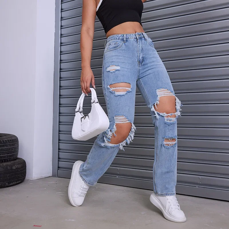

Ripped Jeans for Women Distressed Hole Straight Pants Denim Mom 2025 Streetwear High Waist Washed Vintage Ankle Length Trousers