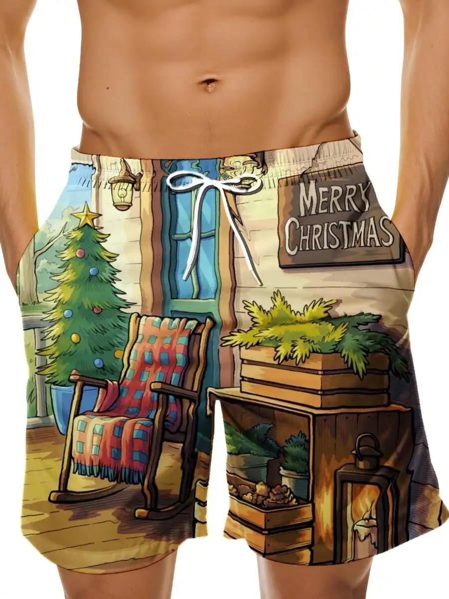 

Merry Christmas Printed Beach Shorts Men Summer Swim Trunks With Drawstring Waist