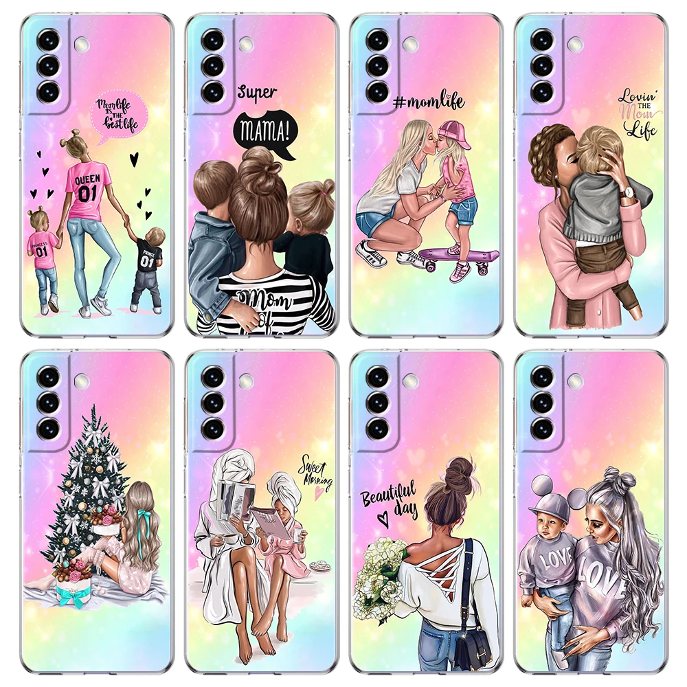 Super Mom Baby Case for Samsung S24 S23 S22 S20 S21 FE Ultra S24 S23 S10 S10E S9 S8 Plus 5G Transparent Phone Shell Capas Bags