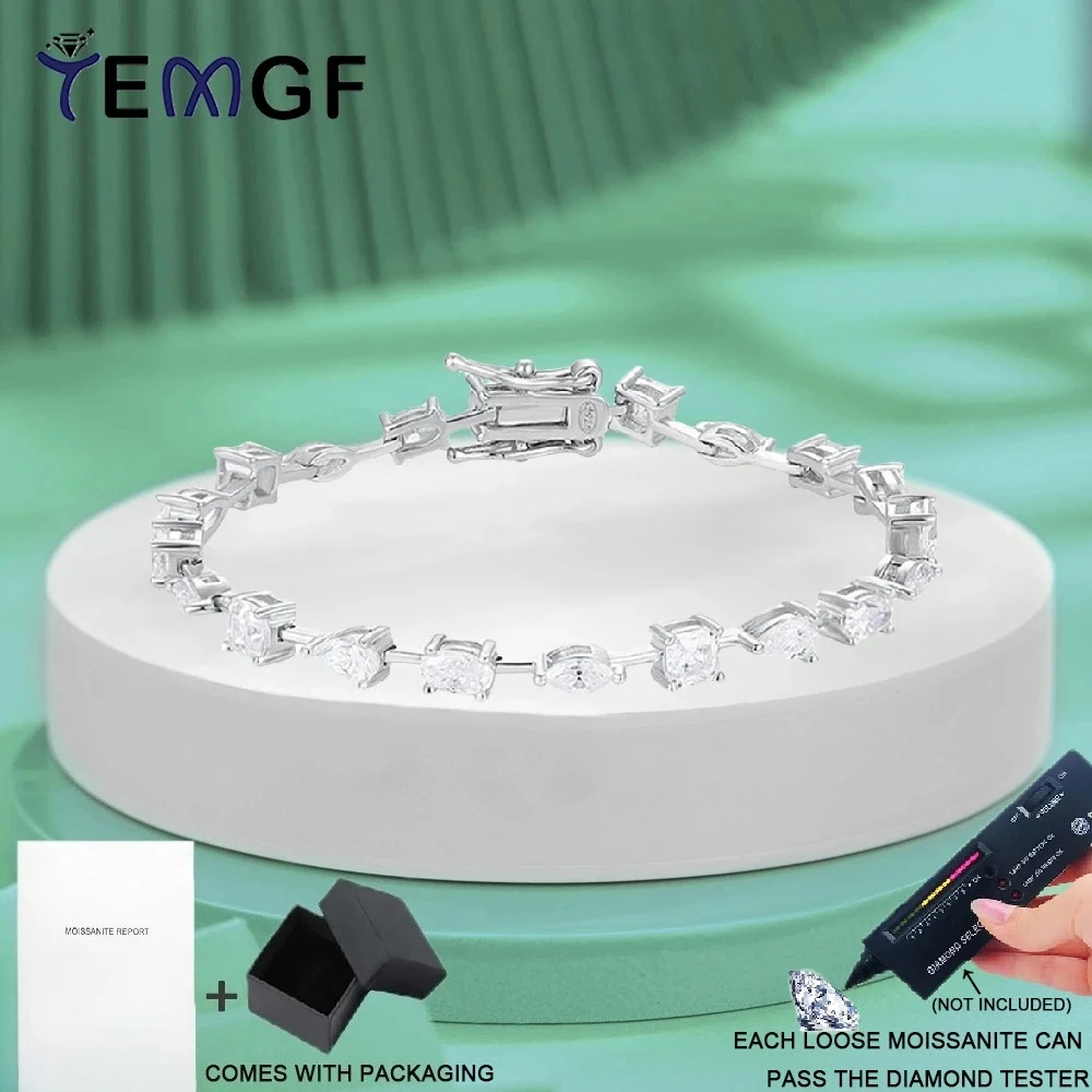 

Браслет TEMGF с муассанитом различной формы, сертификация GRA, 100% стерлинговое серебро S925, ювелирные изделия для женщин, сверкающий подарок