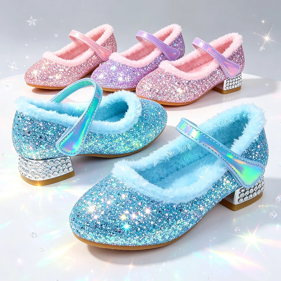 Fairy Little Girls Winter Furry Lined Mary Jane Heels Snow Queen Princess Shoes Shining Luxury Kids Christmas Elegant Party Shoe