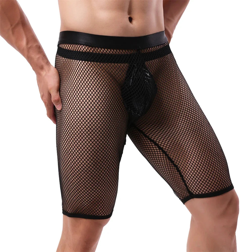 Men's Sexy Boxer Shorts Underwear Hollow Out Fishnet Male Trunks Sheer Mesh Nightclub Stage Boxershorts + Faux Leather G-strings