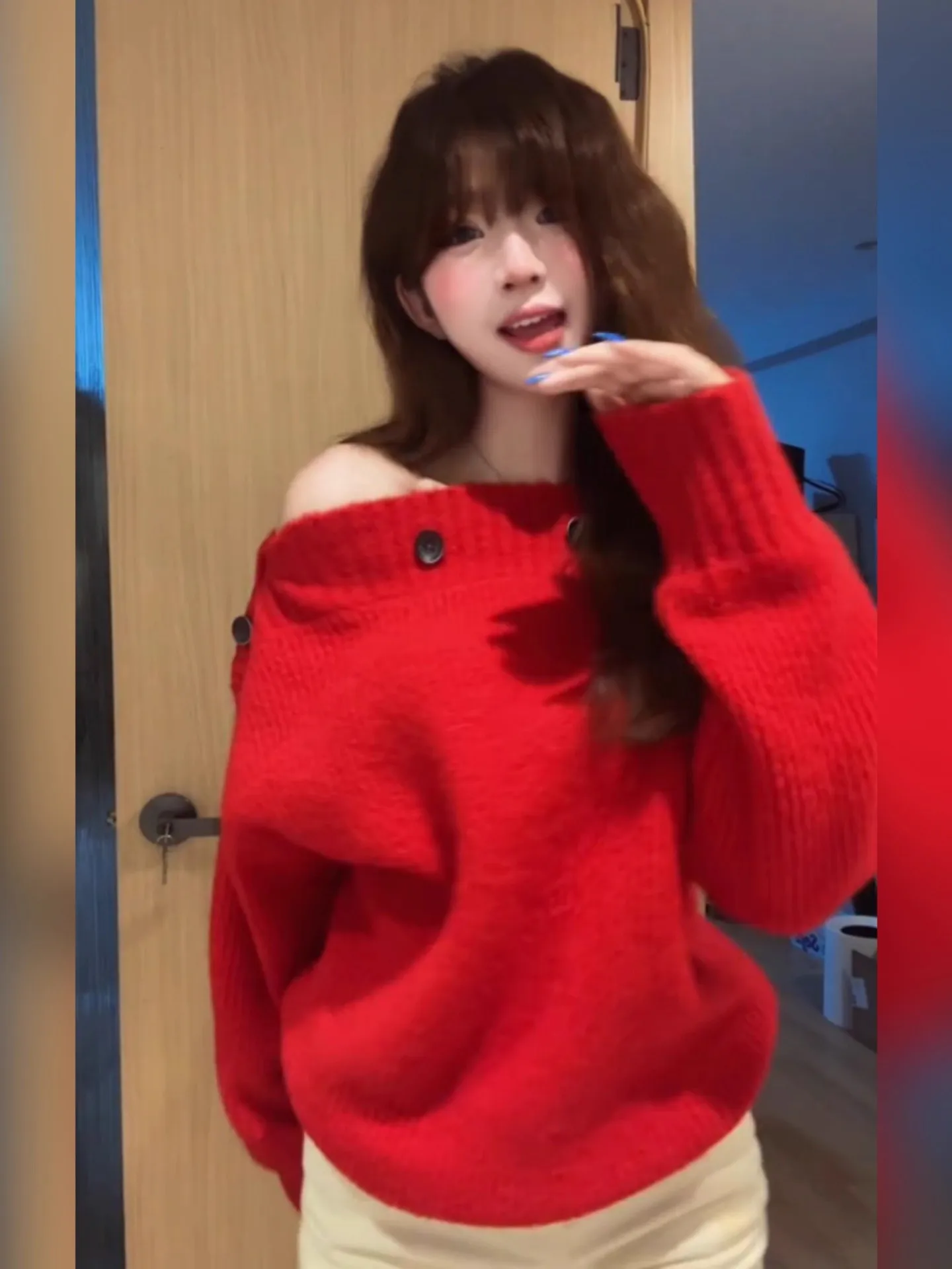 Cisas Theme Red oulder Bared Long Sve Knitted Sweater Loose Fit Women's Autumn Winter Faion Korean Sle Top