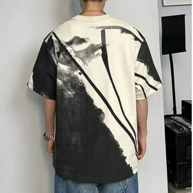 Men Trendy Vintage Tie-dye Print Short Sleeve T Shirt Casual Streetwear Y2K Harajuku Tees Summer O Neck Loose Tops Ropa Hombre