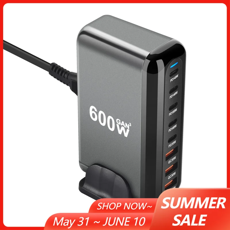 

600W Fast Charge 3.0 USB Type C Fast Charger with 8 Ports, 5C3A PD Charger Desktop Fast Charging Station Portable Design