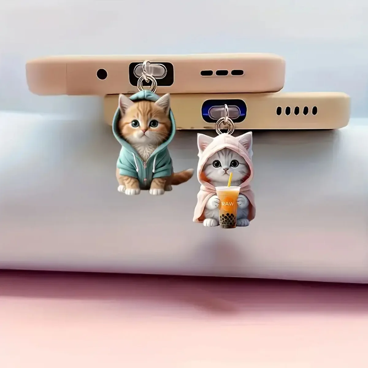 

1/3PCS Cute Cat 2D Flat Acrylic Phone Dust Plug Keychain, Compatible with Apple Lightning Port