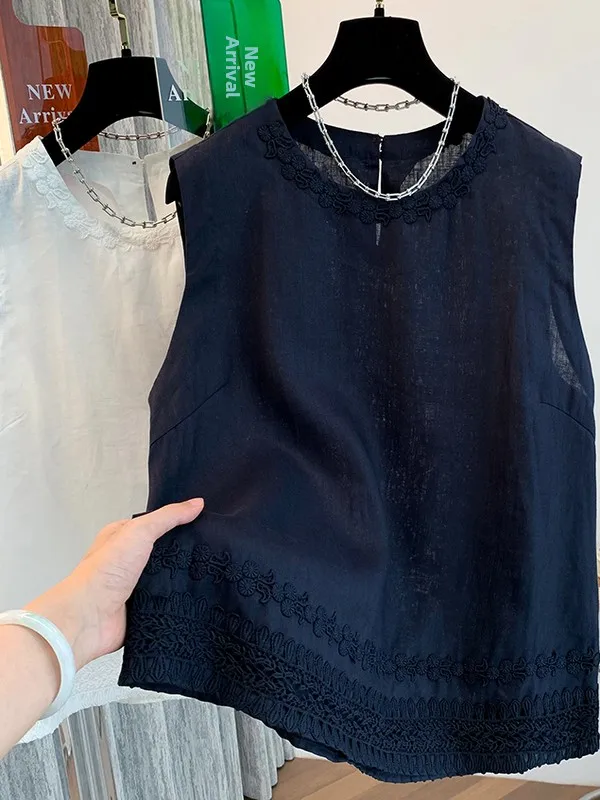 레이스 트림 자수 리넨 민소매 조끼 루즈 라운드넥 여름 상의 여성 패션 편안하고 통기성 좋은 캐주얼웨어