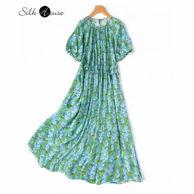 

2025 Women's Casual Summer New 100% Natural Mulberry Silk Crepe De Chine Flower Bud Sleeve Green Print Ear Edge Dress