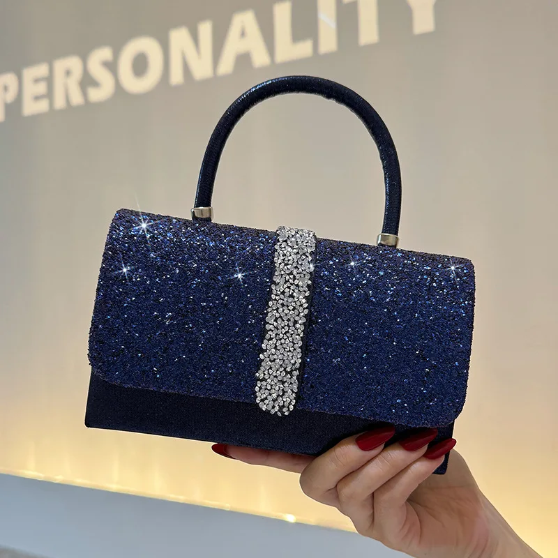 Luxurious Shiny Evening Bag, Vintage Party Royal Blue Handbag with Rhinestone Flap, Versatile High-Quality Elegant Women’s Tote