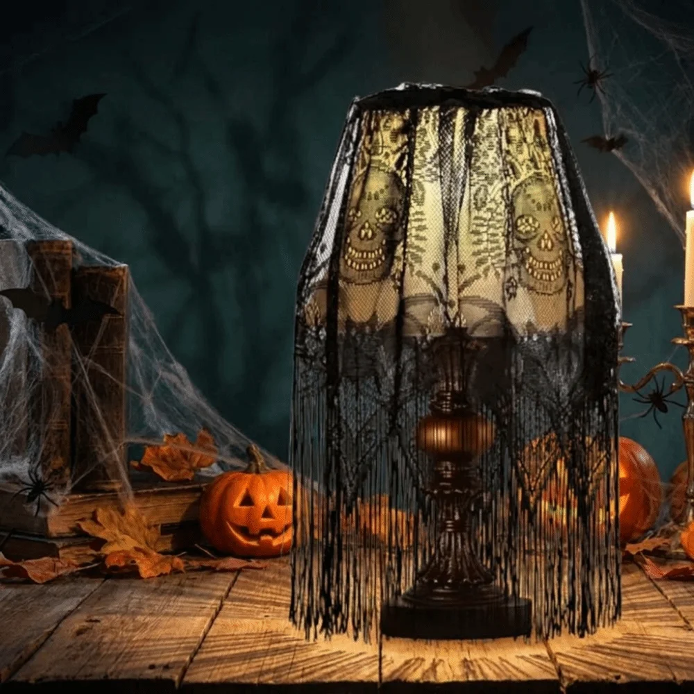 Gothic Style Lace Bat Skeleton Head Lampshade Scary Decorative Spider Web Lamp Shade Cover Black Halloween Table Cover