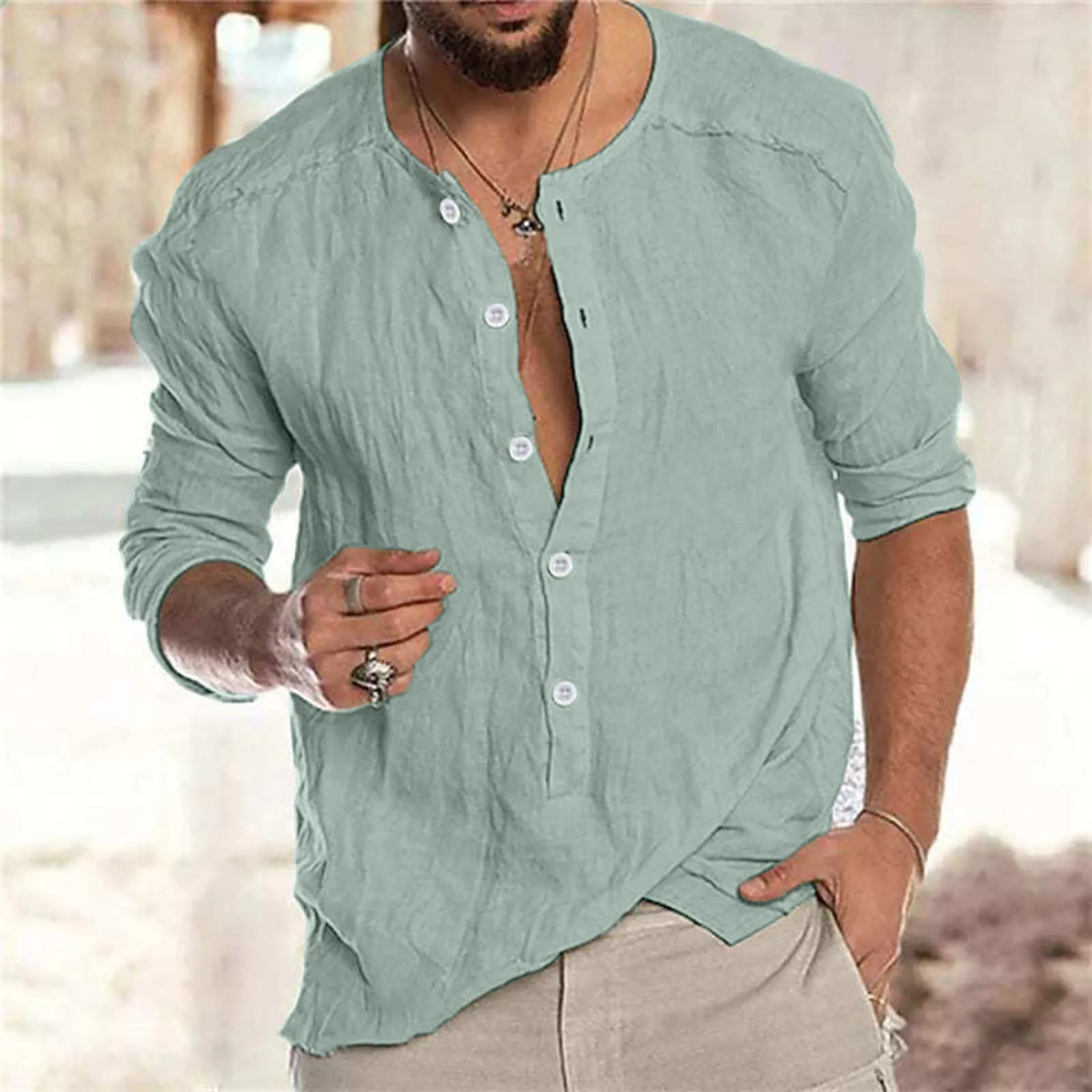 Mens Henley-Shirt Solid Color Long Sleeve Button Shirt Spring Summer Cotton Linen Top Blouse Fashion Casual Business Clothing