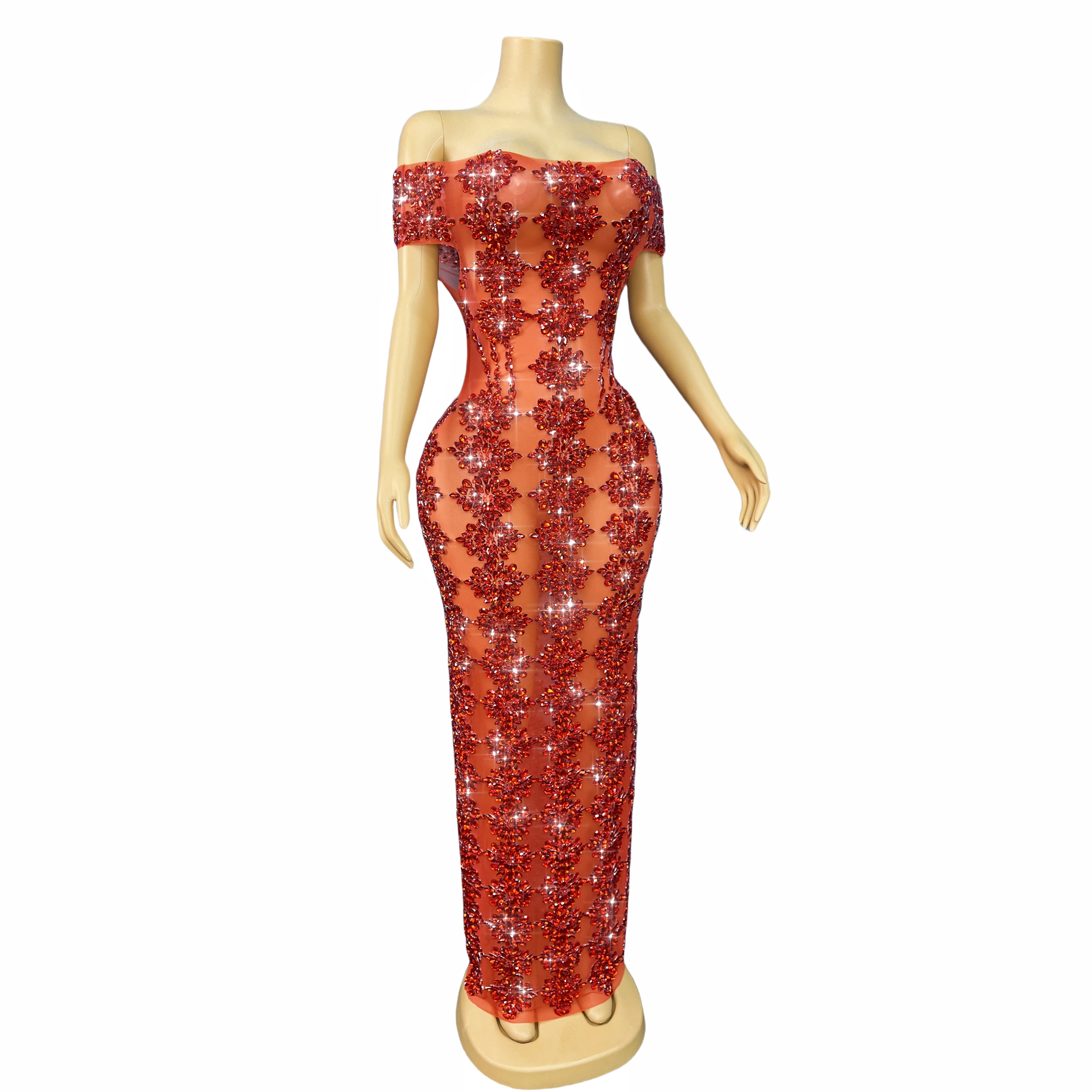 High Quality Elegant Off Shoulder Gown Twinkling Rhinestones Mesh Dress Evening Party Celebrate Red carpet Stage Outfit Yuebing