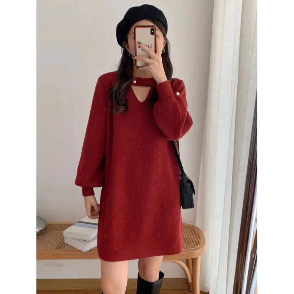 

Женское платье-свитер средней длины в ленивом стиле, свободная посадка, утолщенная трикотажная юбка на бедрах, осень-зима