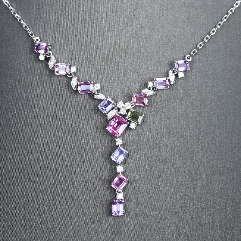 New Trendy Silver Color Geometric Necklaces For Women Shine Pink Purple Zircon Stone Inlay Fashion Jewelry Evening Party Gift