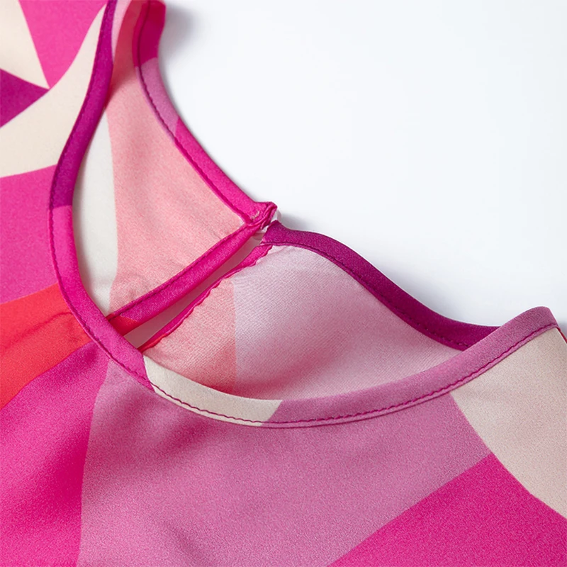 93% التوت الحرير 7% دنة المرأة بلوزة فضفاضة نوع الساخن الوردي المطبوعة جولة الرقبة 3/4 فانوس كم قميص علوي البلوز M1275